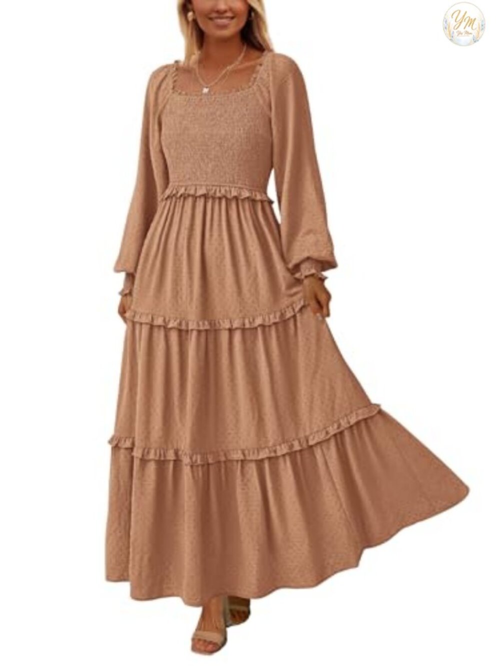 PRETTYGARDEN Boho Smocked Maxi Dress with Pockets, Swiss Dot Fabric